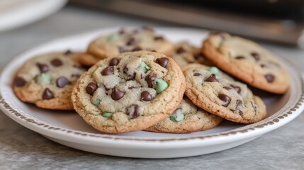 Warm, golden chocolate chip cookies on marble. A sweet, comforting treat with a soft, blurred background