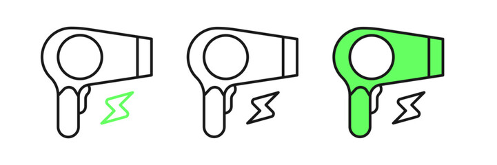 Set line Hair dryer icon isolated on white background. Hairdryer sign. Hair drying symbol. Blowing hot air. Vector
