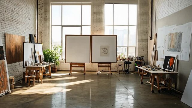 A clean open space styled for a team workshop with blank canvases and inspiration boards. digital