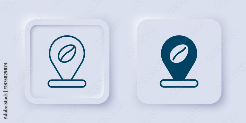 Poster filled and outline location with coffee bean icon isolated on grey background. square button. vector