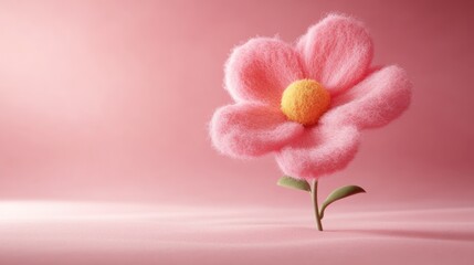 Obraz premium A whimsical pink flower made of soft material stands against a gentle pink background, creating a playful and artistic visual.
