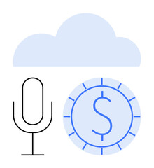 Cloud with microphone and coin representing voice technology for cloud computing, audio monetization, virtual assistants, communication, financial operations, speech recognition, and innovation