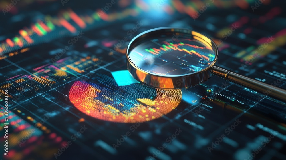 Poster a magnifying glass focuses on colorful data charts and graphs, showcasing financial analytics and te