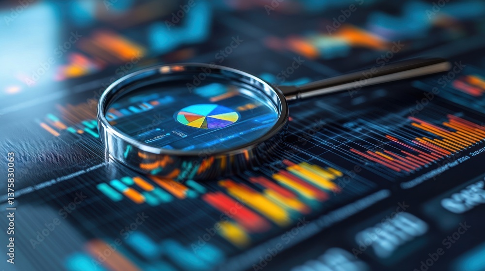 Poster a magnifying glass focuses on a colorful pie chart overlaid on a dark data visualization background,