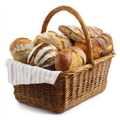 a picnic basket full of Italian style bread on a white background 