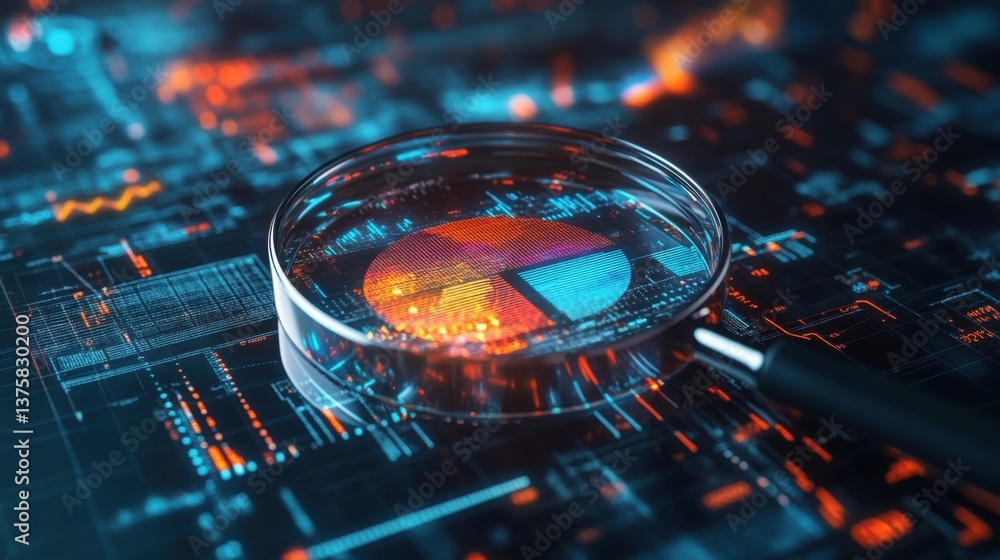 Poster a magnifying glass focuses on a colorful pie chart against a backdrop of digital data and technology