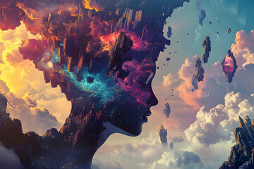 A surreal profile of a woman’s head forming a floating landscape, symbolizing dreams, imagination, and the power of thought.