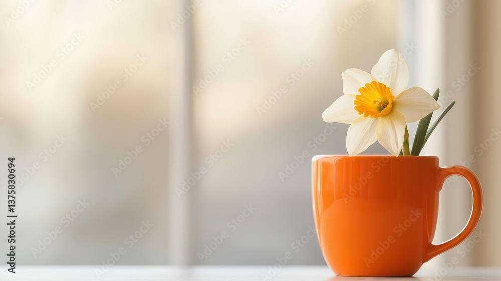 Aufkleber single white daffodil in an orange mug on a windowsill. the mug is placed on a white surface and the