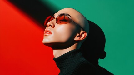 Asian person wearing sunglasses and a turtleneck, with a bold red and green background casting dramatic shadows.