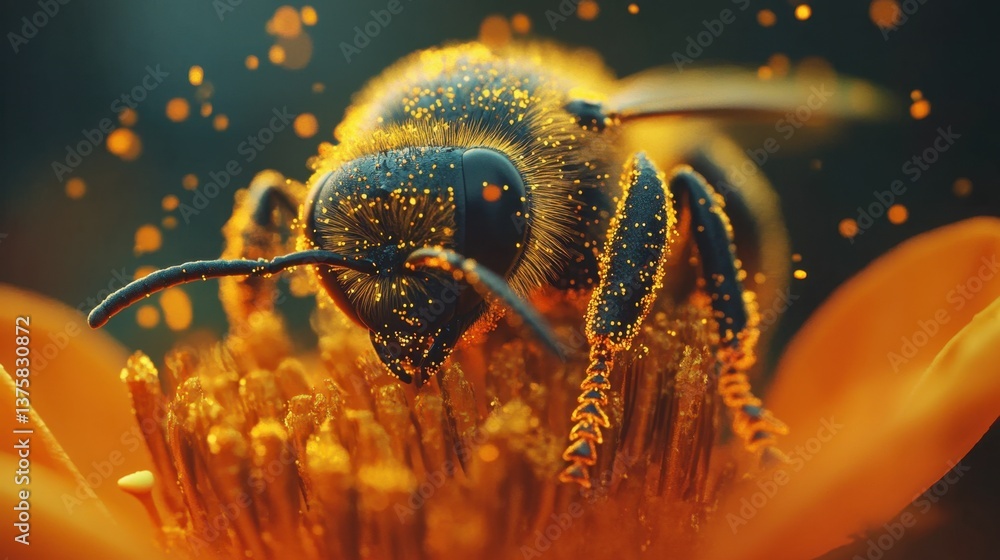 Poster macro view of a bee with golden pollen dusted across its tiny legs as it clings to an orange flower.