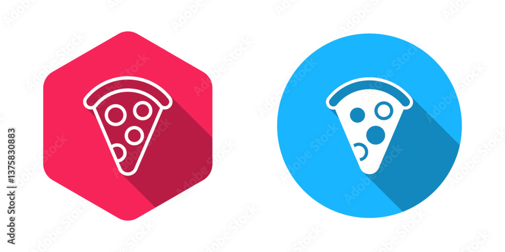 Poster filled and outline slice of pizza icon isolated with long shadow background. fast food menu. vector