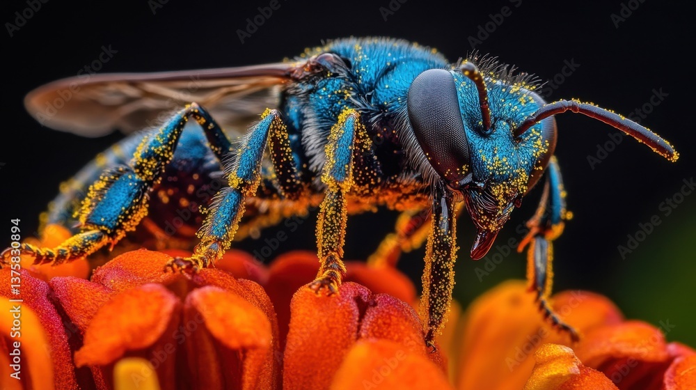 Poster macro view of a bee with golden pollen dusted across its tiny legs as it clings to an orange flower.