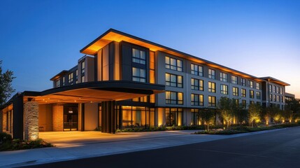Obraz premium Modern boutique hotel exterior with sleek architectural lines.