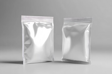 Two Glossy White Aluminum Foil Bags in Studio Setting on Gray Background