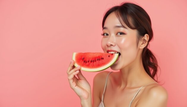 Asian woman biting into a juicy slice of watermelon