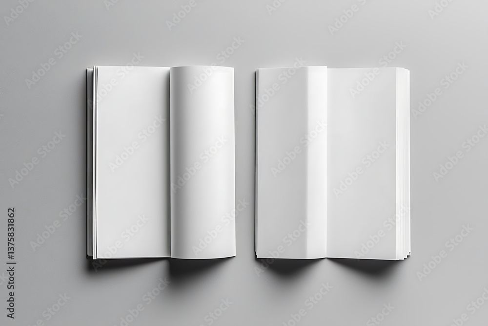 Poster two open paperback books mockup displayed on gray surface with realistic lighting