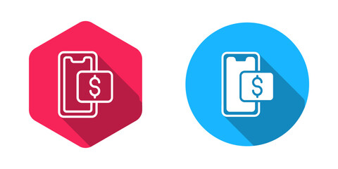 Filled and outline Mobile phone and shopping cart icon isolated with long shadow background. Online buying symbol. Supermarket basket symbol. Vector