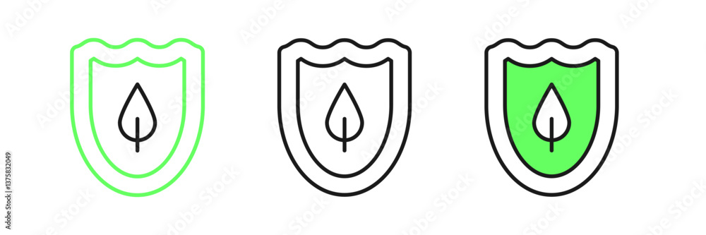 Aufkleber set line shield with leaf icon isolated on white background. eco-friendly security shield with leaf.