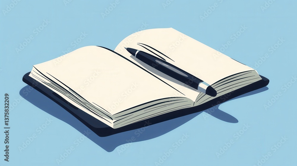 Poster an open notebook with blank pages and a pen resting on it, set against a light blue background, conv