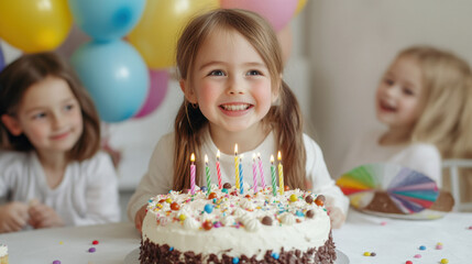 Happy Child Celebrating Birthday with Colorful Cake and Friends
