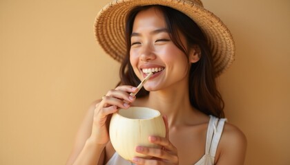 Asian woman sipping coconut water straight from the coconut