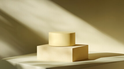 A conceptual art photograph of a soft-yellow cylindrical form hovering slightly over a matte sandstone cube, gentle shadow beneath object, background in smooth buttery gradient