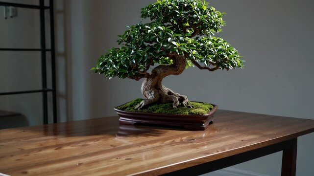 Elegant bonsai tree displayed on a wooden table