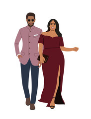 Fototapeta premium Beautiful multiracial couple in evening formal outfit for celebration, wedding, Christmas Eve, New Year party. Happy black man and woman in luxury clothes. Vector illustration isolated on white.