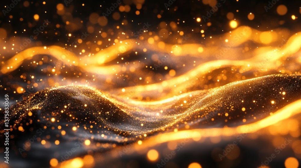 Poster golden glow topography with twinkling light points forming an ethereal sparkling landscape abstract 