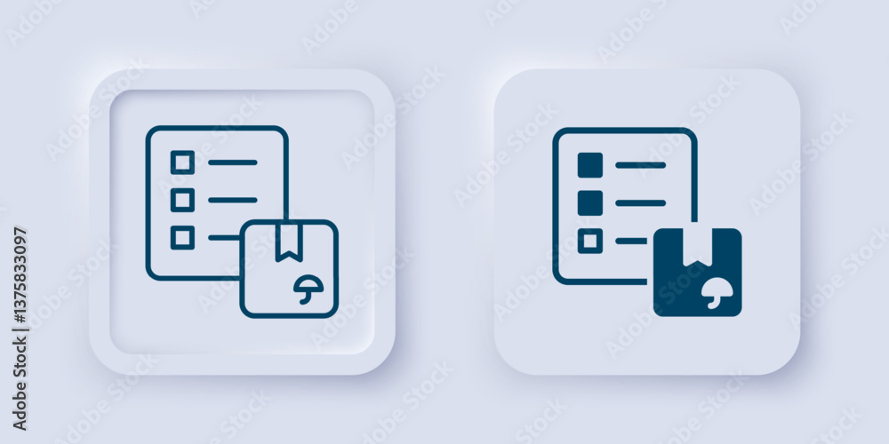 Poster filled and outline verification of delivery list clipboard icon isolated on grey background. square 