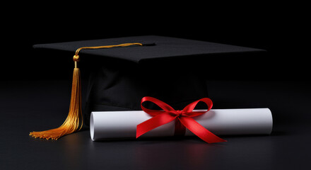 Graduation cap and diploma with red ribbon on black background