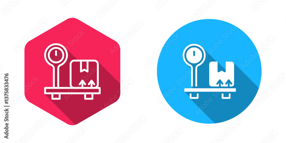 Poster filled and outline scale with cardboard box icon isolated with long shadow background. logistic and 