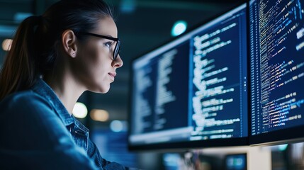 Female Engineer Coding Under Cool Tech Office Lighting