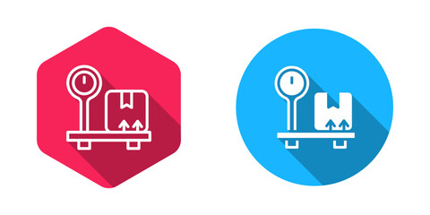 Filled and outline Scale with cardboard box icon isolated with long shadow background. Logistic and delivery. Weight of delivery package on a scale. Vector