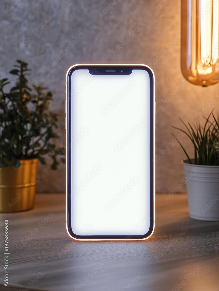 Poster smartphone with a blank screen on a wooden surface. the phone is positioned in the center of the ima