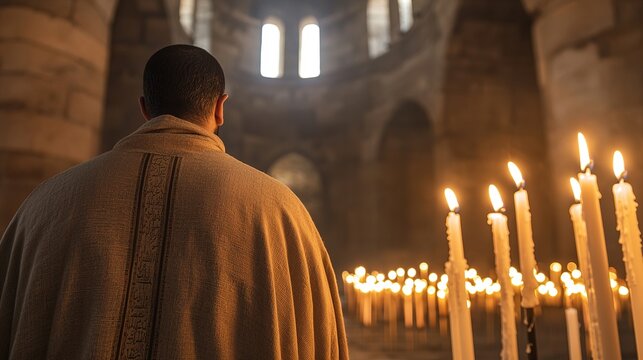 Palestinian Christians lighting candles inside the Church of the Nativity