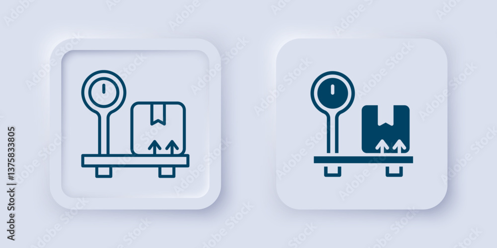 Poster filled and outline scale with cardboard box icon isolated on grey background. logistic and delivery.