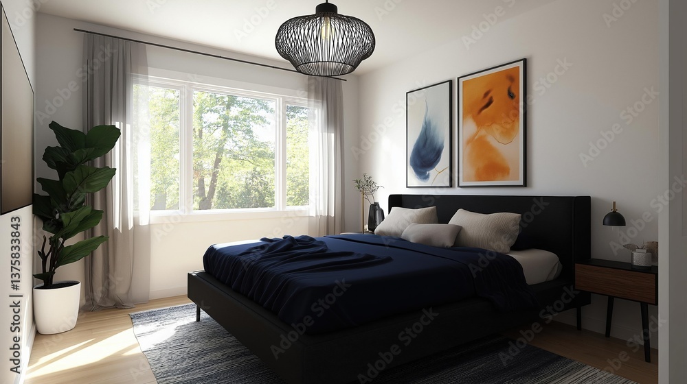 Poster modern and minimalist bedroom with a large window on the left side of the room. the window has white