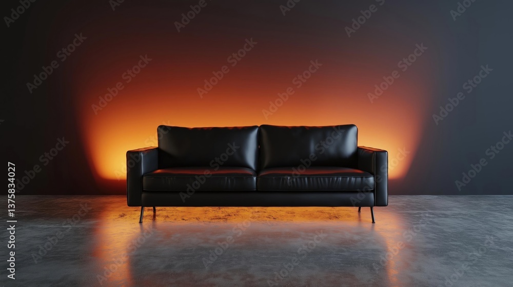 Poster black leather sofa in a dimly lit room with a concrete floor. the sofa is in the center of the image
