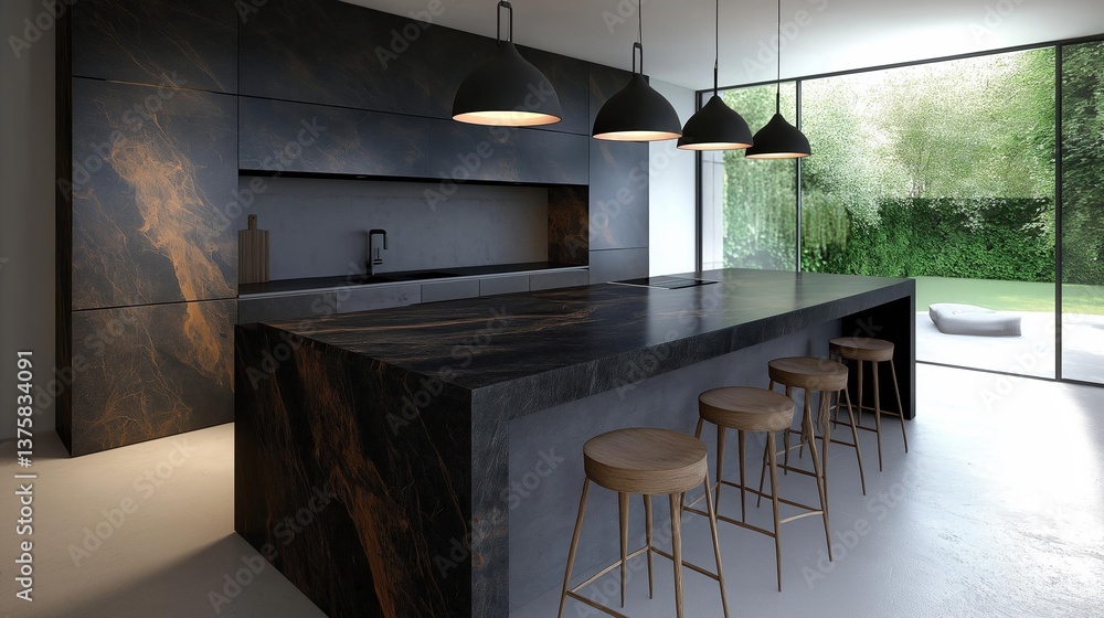 Poster modern kitchen with a large island in the center. the island has a black countertop with a marble-li