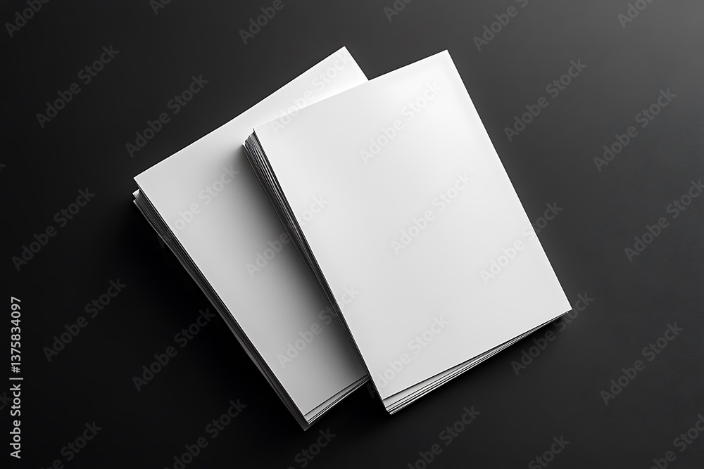 Poster two stacks of white paper sheets overlapping on a sleek black surface texture