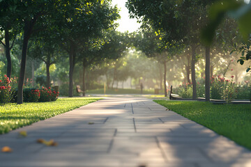 Peaceful park walkway lined with trees and morning sunlight streaming through the leaves.