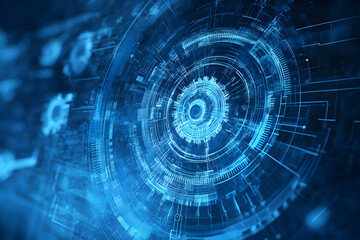 Futuristic digital interface with glowing blue tech elements in a high-tech, abstract virtual space.