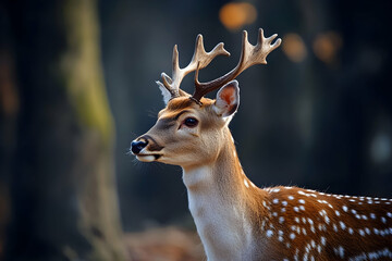 Graceful spotted deer with antlers standing alert in a serene forest setting, bathed in soft sunlight.