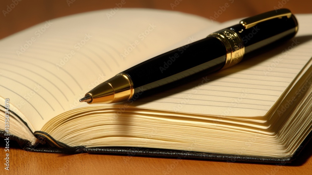 Poster a close-up of a sleek pen resting on an open notebook, showcasing the smooth pages and elegant desig