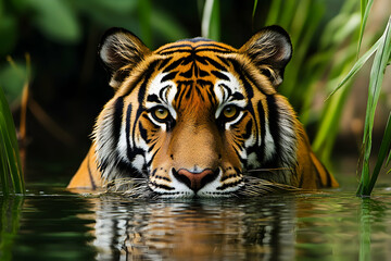 A tiger swims through lush green jungle waters, eyes locked forward with fierce focus, blending strength and grace in nature.