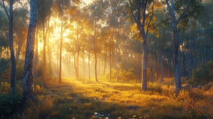 Fototapeta premium A serene forest scene illuminated by golden sunlight filtering through tall trees, creating a peaceful and warm atmosphere.