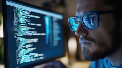 Software Engineer Coding in Modern Office Setting with AI Technology