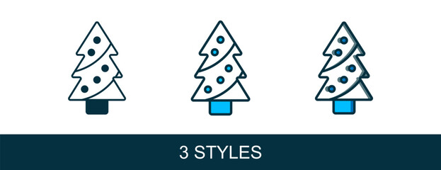 Filled outline Christmas tree with decorations icon isolated on white background. Merry Christmas and Happy New Year. Vector