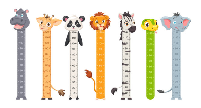 Children Growth Meter. Kid height measurement, chart with animals Giraffe, Panda, Lion, Zebra, Snake, Elephant.